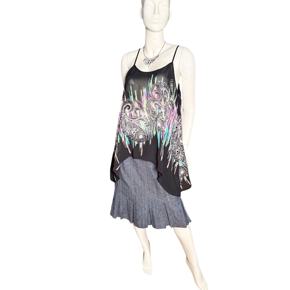 Maurices Black Neon Paisley Abstract Handkerchief Hem Cami Tank Top Whimsiwitch